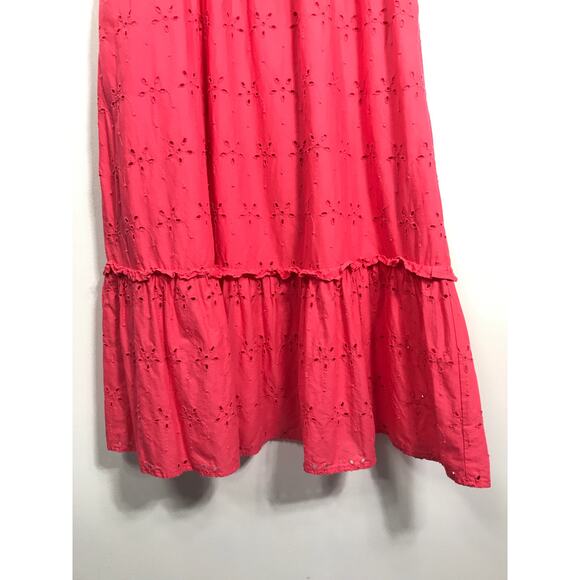 J. Crew Midi Dress Women's 8 Pink V Neck Puff Sleeve Eyelet Tiered Feminine - Picture 6 of 13